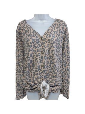 Iwollence Leopard Print Tie Front Knit Thermal Top Medium
